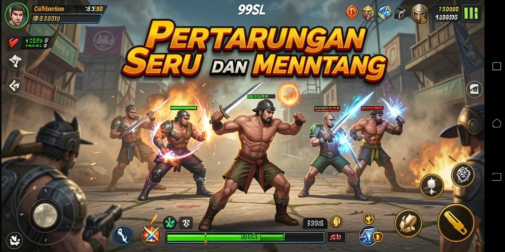 Tampilan action seru di <strong>99SL</strong> dengan karakter-karakter unik dalam pertempuran.