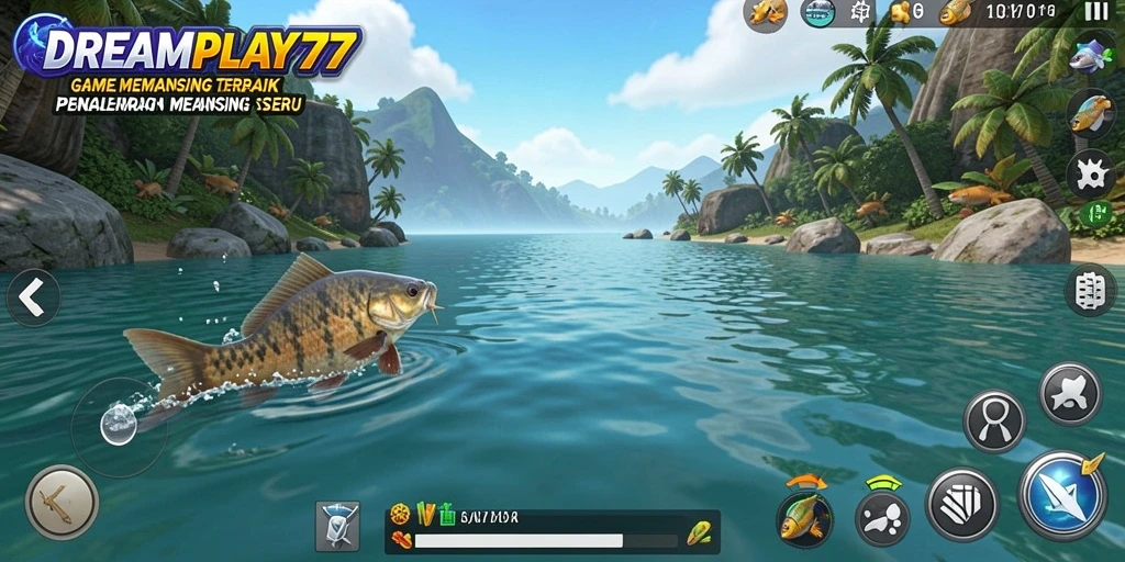 Screenshot gameplay DREAMPLAY77 menampilkan pemain saat menangkap ikan besar.
