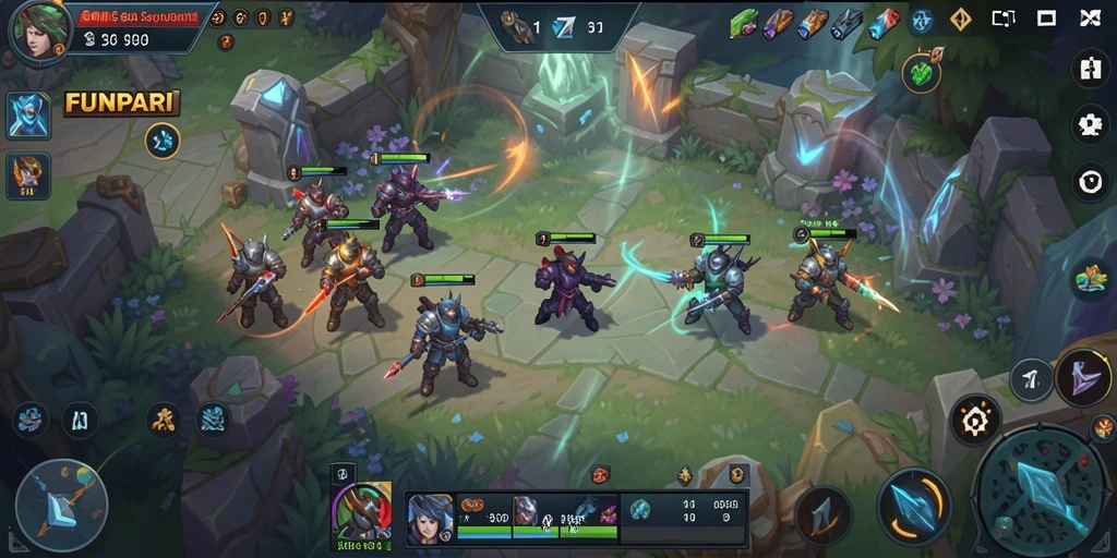 Screenshot menampilkan pertarungan seru dalam gameplay MOBA FUNPARI.