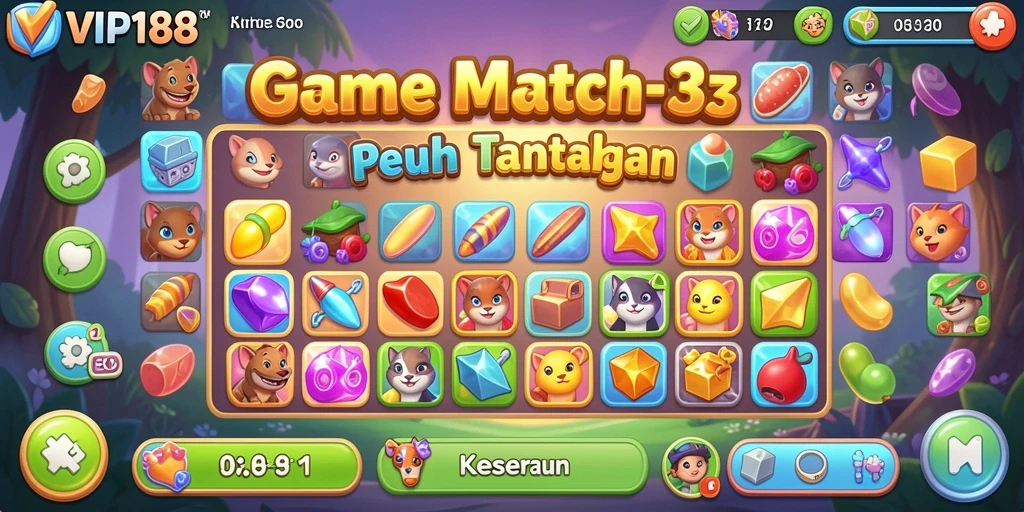 Screenshot gameplay <strong>VIP188</strong> menampilkan level seru Match-3.